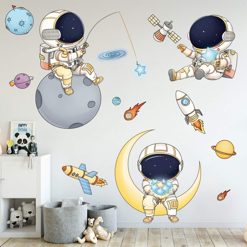 DILIBRA Astronaut Wall Stickers for Boys Bedroom, DILIBRA Cartoon Spaceman Outer Planet Creative DIY Art Vinyl Removable Wall Decal, Star Spaceship UFO Glaxy Wallpaper Decor for Kid’s Room Nursery - Image 1